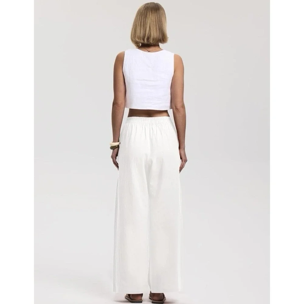 LOMON White Linen Pants Women Wide Leg Palazzo Pants XXL New